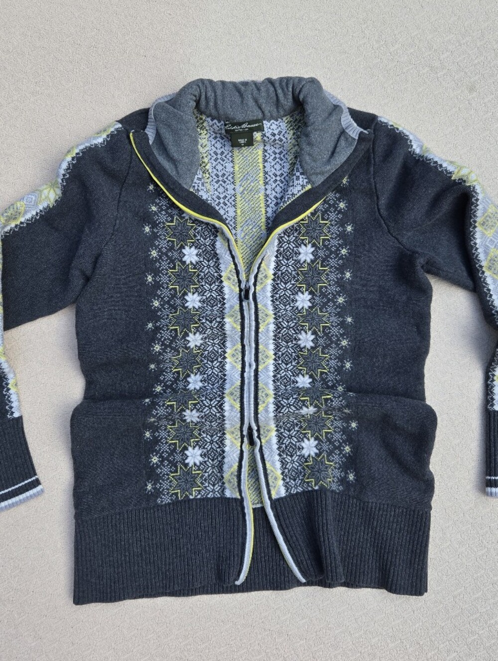 Eddie Bauer Charcoal Gray Patterned Zip-Up Sweater with Yellow Accents